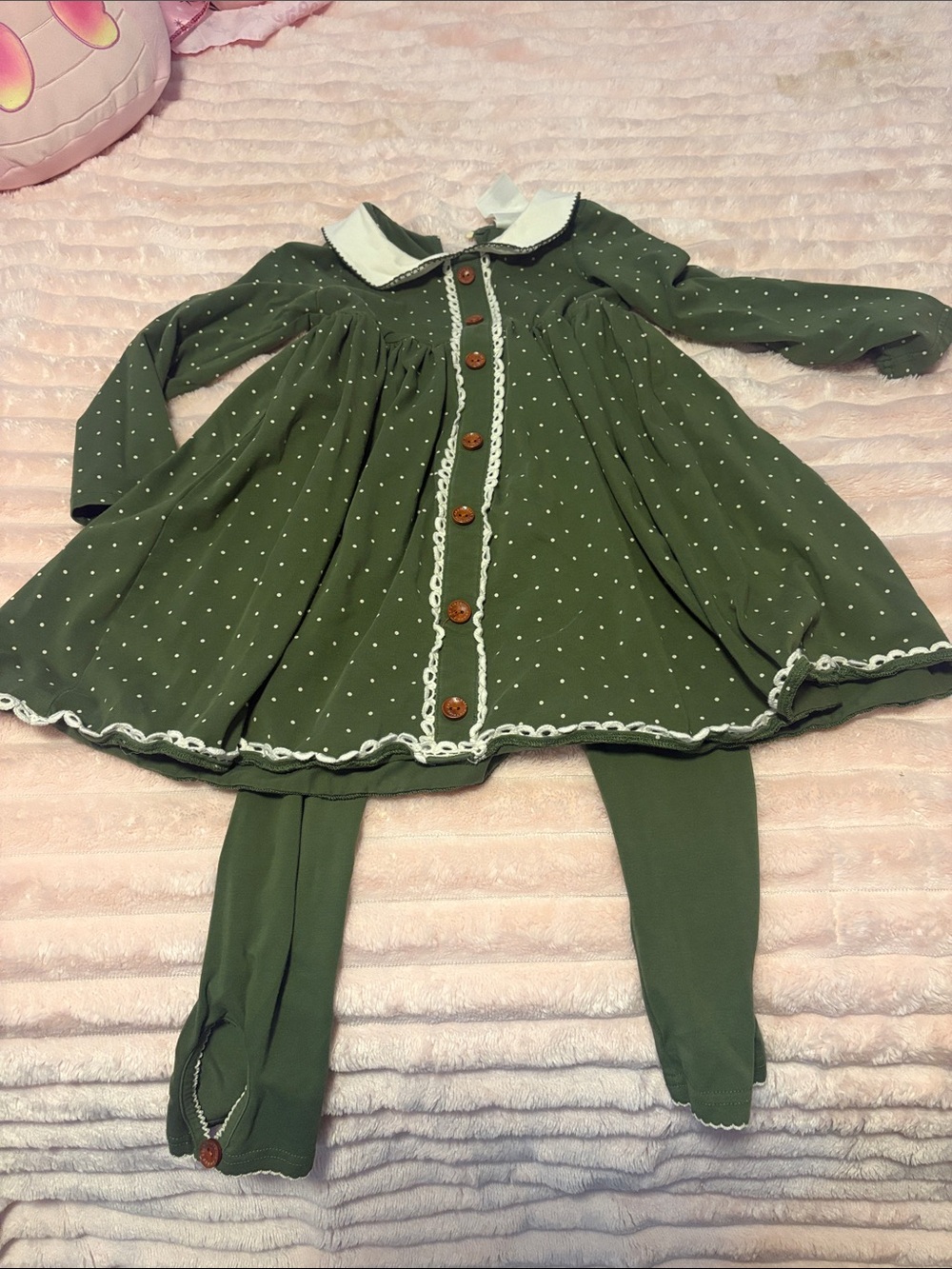 Girls Olive Green Polka Dot Dress Costume with Matching Leggings